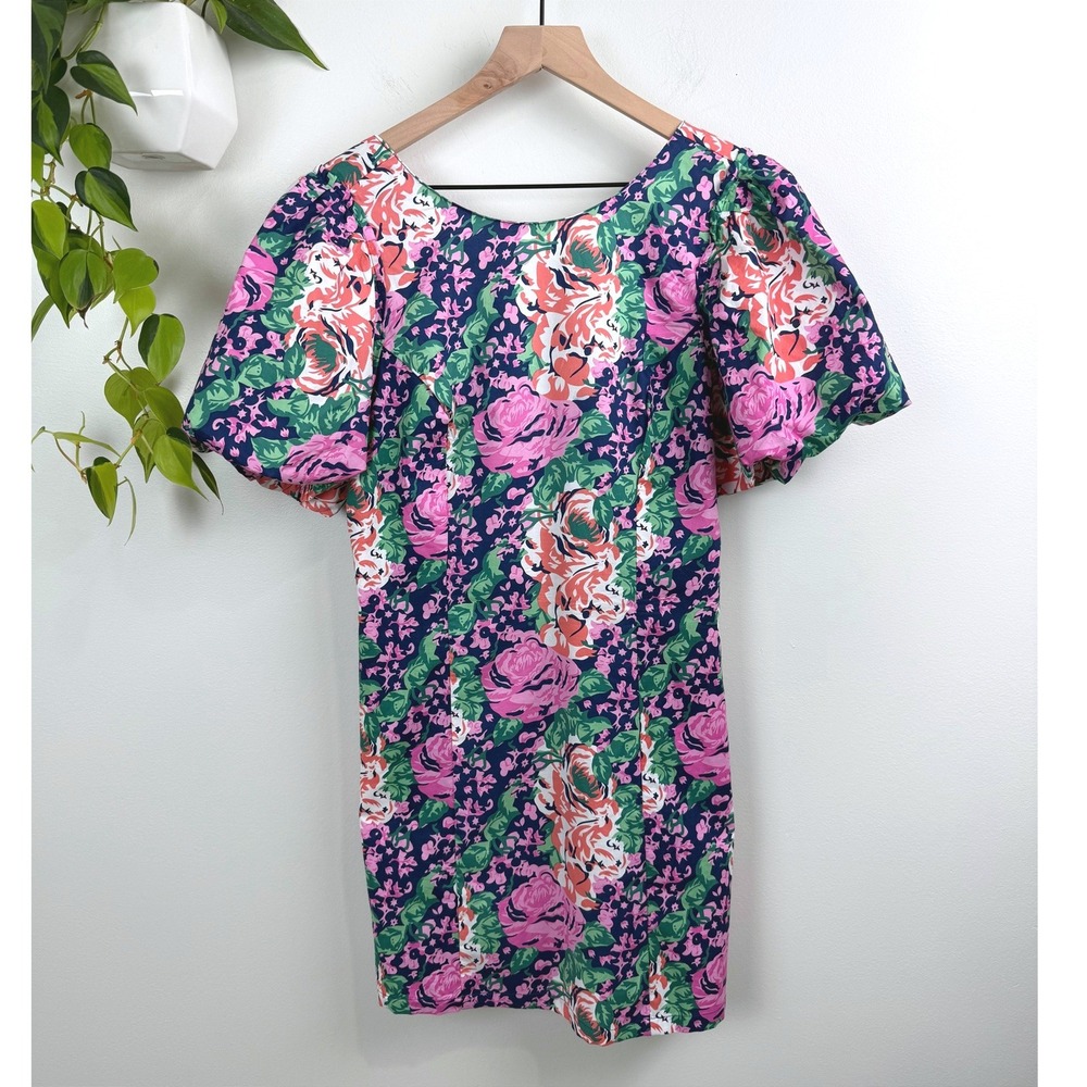 Melloday Womens Floral Puff Sleeve Mini Dress Navy Pink Green S Boho Chic